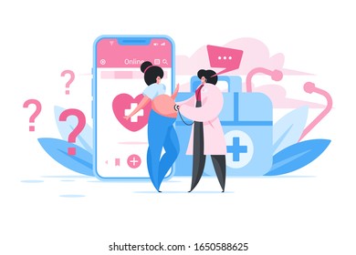 Pregnant lady consulting with professional female doctor about baby health through online app while standing against modern smartphone and medical equipment. Flat cartoon people vector illustration