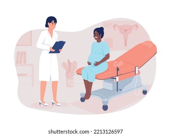 Pregnant lady and gynecologist 2D vector isolated illustration. Prenatal care flat characters on cartoon background. Medical colourful editable scene for mobile, website, presentation