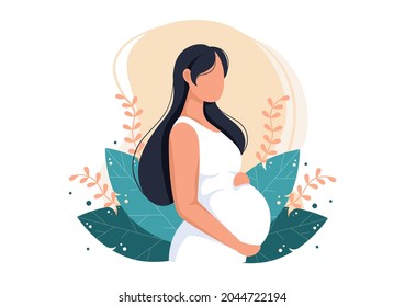 Pregnant Lady with Hugs her Belly or Mother Waiting for the Baby in Flat Cartoon Design Style Background of Leaves Vector Illustration