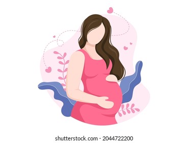 Pregnant Lady with Hugs her Belly or Mother Waiting for the Baby in Flat Cartoon Design Style Background of Leaves Vector Illustration