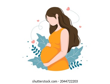 Pregnant Lady with Hugs her Belly or Mother Waiting for the Baby in Flat Cartoon Design Style Background of Leaves Vector Illustration