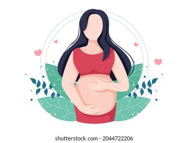 Pregnant Lady with Hugs her Belly or Mother Waiting for the Baby in Flat Cartoon Design Style Background of Leaves Vector Illustration