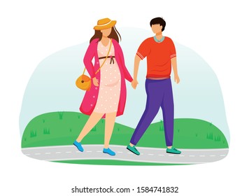 Pregnant lady and husband walk in park flat vector illustration. Young family preparing for parenthood. Strolling couple waiting of baby isolated cartoon characters on white background