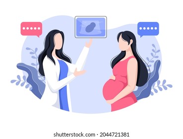 Pregnant Lady or Mother in Medical Consultation by Pregnancy Doctor with Obstetric Procedures for Scanner and Monitoring Baby Growth. Background Vector Illustration