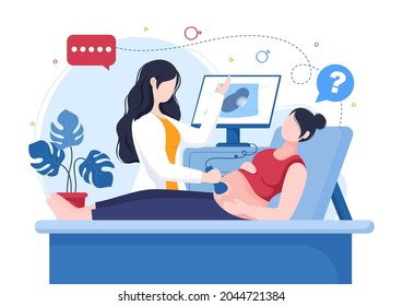 Pregnant Lady or Mother in Medical Consultation by Pregnancy Doctor with Obstetric Procedures for Scanner and Monitoring Baby Growth. Background Vector Illustration