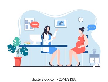 Pregnant Lady or Mother in Medical Consultation by Pregnancy Doctor with Obstetric Procedures for Scanner and Monitoring Baby Growth. Background Vector Illustration