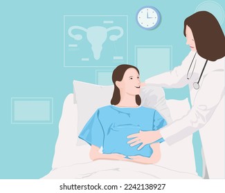 Pregnant Lady or Mother in Medical Consultation by Pregnancy Doctor with Obstetric Procedures for Scanner and Monitoring Baby Growth. Background Vector Illustration