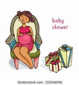 Pregnant lady on the chair with presents. Baby shower. Vector illustration.