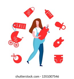 Señora embarazada en la ilustración general del vector plano. Mujer eligiendo productos para el cuidado del bebé por un precio más bajo. Pacificador más barato, Pram, Botella. Futura madre comprando ropa infantil con descuentos