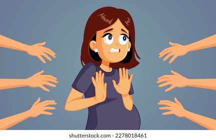 
Pregnant Lady Refusing Belly Touching from Strangers Vector Cartoon Illustration. Mother to be rejecting unwanted attention and touches keeping boundaries 
