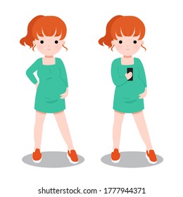 Pregnant lady using a smartphone. Set of maternity cartoon character clip art. Flat style design isolated in white background