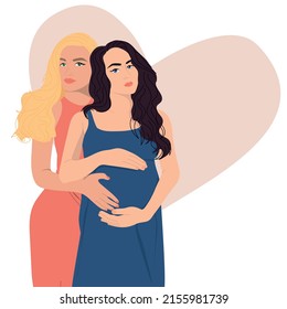 Pregnant lesbian couple in love. Modern banner about pregnancy and motherhood.
