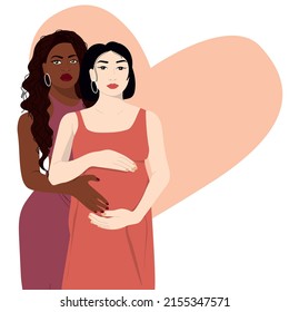 Pregnant lesbian couple. Modern banner about pregnancy and motherhood.