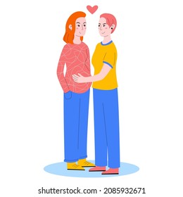 Pregnant lesbian, lesbian family, artificial insemination. Girl touches the belly of her pregnant wife. Vector illustration in flat style.