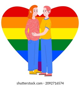 Pregnant lesbian, lesbian family, artificial insemination. Girl touches the belly of her pregnant wife against the background of lgbt hearts. Vector illustration in flat style.