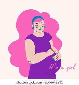 Pregnant lovely young woman with pink hair. Text it is a girl. Illustration for sticker or greeting card for gender reveal party.