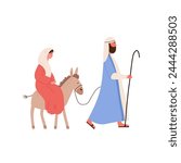 Pregnant Mary on donkey with Joseph walking, cartoon flat vector illustration isolated on white background. Nativity scene, born of Jesus Christ. Concepts of religion, christianity and Christmas.