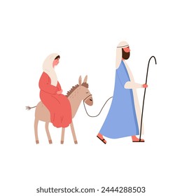 Pregnant Mary on donkey with Joseph walking, cartoon flat vector illustration isolated on white background. Nativity scene, born of Jesus Christ. Concepts of religion, christianity and Christmas.