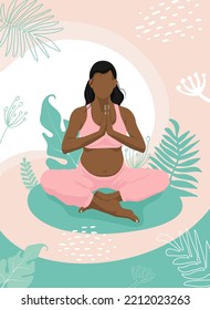 Pregnant Meditating african american woman. Vector illustration of Faceless young woman sitting in Yoga Lotus position surrounded by plant Leaves. Harmony and peace concept. 