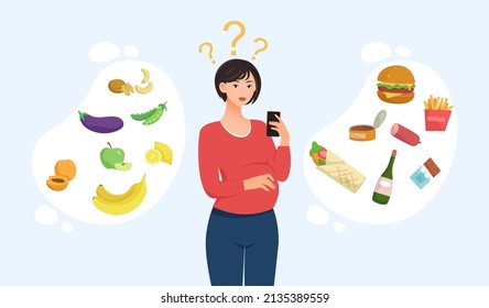 Pregnant menu concept. Young girl with big belly next to organic products and fast food. Choosing right diet. Expectant mother takes care of her babys health. Cartoon flat vector illustration
