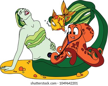 A pregnant mermaid with pets, funny octopus. Cartoon characters, isolated, white background, colored set