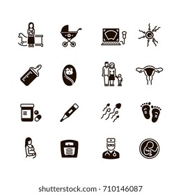Pregnant mom and baby vector icons. Woman gynecology and pregnancy black silhouette symbols isolated. Illustration of silhouette pregnant woman, motherhood and gynecology, maternity and childbirth