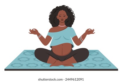 Pregnant Mom with belly practicing prenatal yoga. Pregnant african woman doing yoga on mat. Pregnant Black woman meditating, relaxing. Healthy lifestyle, bodycare, care for future child. Vector  svg