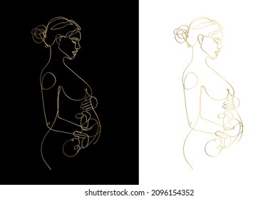 Pregnant Mom Gold Line Art, Pregnancy One Line Drawing, Printable Wall Art, Nude Woman Body Print, Belly Female Figure, Minimalist Print