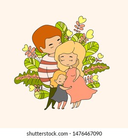 Pregnant mom hugging dad and little daughter hugging mom tummy against various leaves background, illustration in doodle style