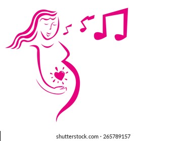 Pregnant Mom Line Art Sings Lullaby to Her Baby While Inside the Womb. Editable EPS10 Vector and jpg Illustration 