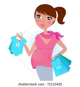 Pregnant mom on shopping for baby boy. Vector Illustration.