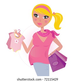 Pregnant mom on shopping for child / baby girl. Vector Illustration.