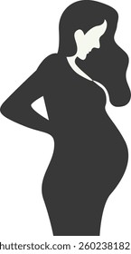 Pregnant Mom Silhouette Isolated on White Background. Black and White Vector Illustration.
