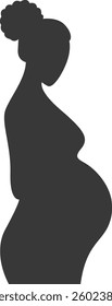 Pregnant Mom Silhouette Isolated on White Background. Black and White Vector Illustration.