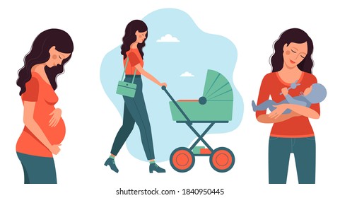 Pregnant mom, mom with a stroller, mom with a baby in her arms set of conceptual images in flat style. Vector illustration.