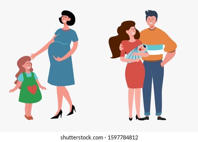 Pregnant mom and young parents set. Love, togetherness, children flat vector illustration. Family and parenting concept for banner, website design or landing web page