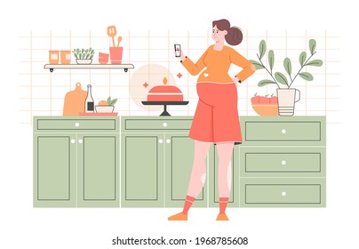 Pregnant Mommy Blogger. A Woman Is Standing In The Kitchen And Filming A Food Video Blog. Cake Cooking. Vector Flat Illustration.