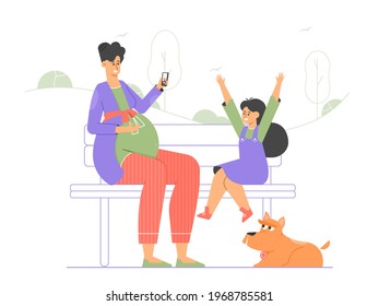 Pregnant mommy and her daughter are sitting on a bench in the park. The girl waves her hands happily. A woman photographs her daughter on a smartphone. Cute pet dog. Vector flat illustration.