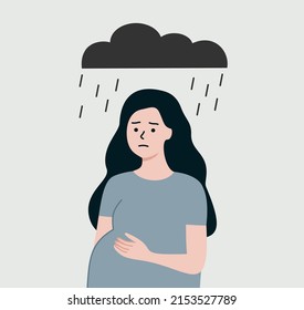 Pregnant mother in bad mood with Black dark raining cloud above head. Sad woman experiencing miscarriage. Hormone influence, pregnancy problem, abortion concept. Flat isolated vector illustration.