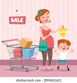 Pregnant mother and child. Clothing store concept