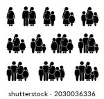 Pregnant mother with different family members stick figure pictogram icons. Vector illustrations of a pregnant mother with husband, son, daughter, and children standing together. 