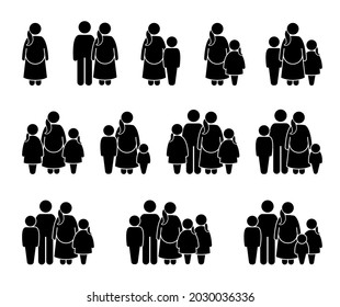 Schwangere Mutter mit verschiedenen Familienmitgliedern kleben Piktogrammsymbole. Vektorgrafiken einer schwangeren Mutter mit Ehemann, Sohn, Tochter und Kindern, die zusammen stehen. 