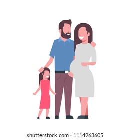 pregnant mother father daughter full length avatar on white background, successful family concept, flat cartoon