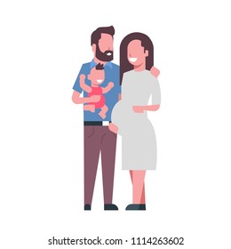 pregnant mother father hold baby son full length avatar on white background, successful family concept, flat cartoon