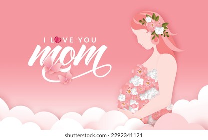 Pregnant mother with flower and cloud on pink background. Happy Mother's day. (Vector)