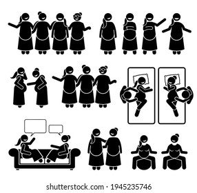 Pregnant mother group and friends together. Vector illustration stick figure of happy women supporting each other during pregnancy. They are relax and feeling positive.