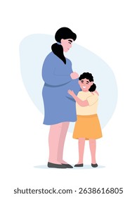 Pregnant mother with her eldest child. Daughter lovingly touches her future child's belly. Vector flat graphics.