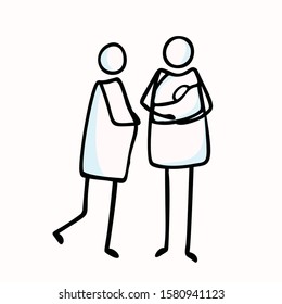 Pregnant Mother and holding New Baby Sling Mom. Stick Figure Vector Illustration. Hand Drawn Isolated 2 Women Icon Motif Element in Flat Color. Motherhood , Maternity Ward Concept. Pictogram EPS10.