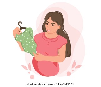 
A pregnant mother holds baby clothes in her hands, a happy expectant mother is expecting a baby. Preparing for childbirth, a girl with a big belly in late pregnancy, the concept of motherhood. Vector