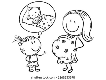 Pregnant mother and little daughter talking about the future baby, black and white